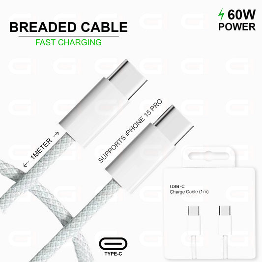 USB-C to USB-C 60W Braded Fast Charging Data Cable, 1 Meter, Support IOS 15 Models