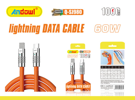 Q-SJ980 TypeC to Lightening Charging Cable / Data Cable 60W Super Fast Charging Zinc Alloy Andowl