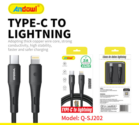TypeC to Lightening Charging Cable/ Data Cable 3A QC Fast Charge Andowl Q-SJ202