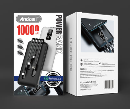 Q-CD219 10000 mah QC 3.0 PD Powerbank with Inbuilt iOS / lightening / v8 Cable Andowl
