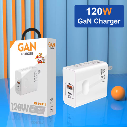 120W GaN USB Fast Charger with PD QC3.0, Dual Ports for Efficient Charging"