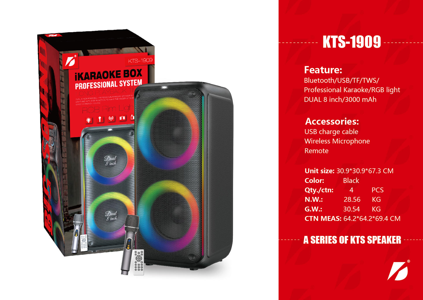 KTS1909 Wireless Bluetooth Speaker 5.0 with Dual 8-Inch 60W Speakers and RGB Lights