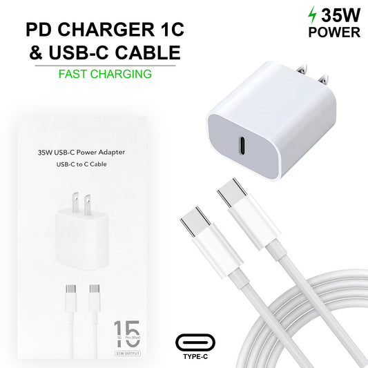 Universal Wall PD Charger USB-C + USB-C Cable, 1 Port, 35W USB-C Fast Charging Charger