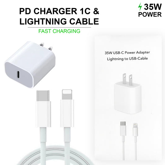 Universal Wall PD Charger USB-C +IOS Cable, 1 Port, 35W USB-C Fast Charging Charger