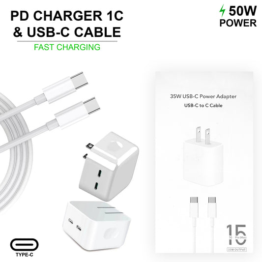 Universal Wall PD Charger With USB-C + USB-C Cable, 2 Port, 50W USB-C Fast Charging Charger