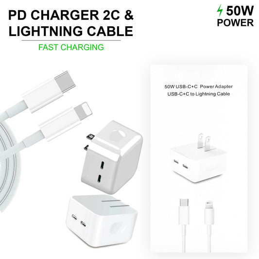 Universal Wall PD Charger with USB-C + Lightning Cable, 2 Port, 50W USB-C Fast Charging Charger