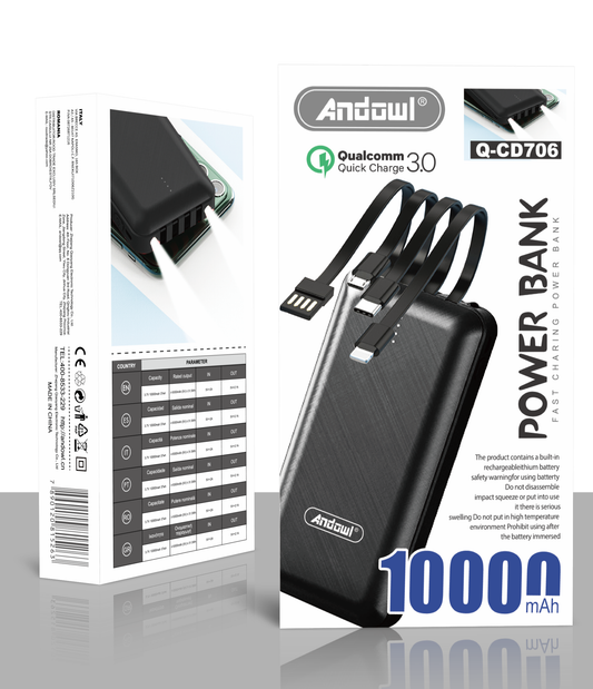 10000 Mah Powerbank With  IOS / Micro / TypeC Cable Attached Qualcomm 3.0 Quick Charge Q-CD706