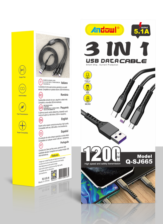 Q-SJ665 3 in 1 USB to IOS / Micro / Lightening Charging Cable / Data Cable 5.1A 1200MM QC Fast Charging Andowl