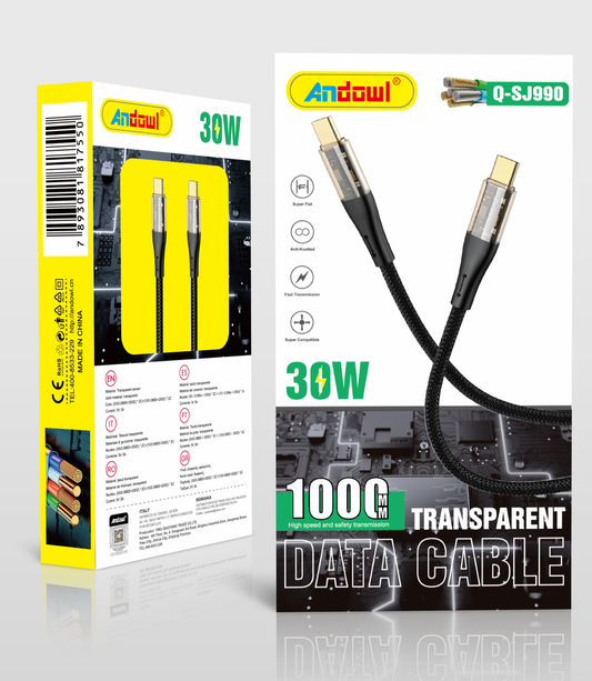 Q-SJ990 Type-C to Type-C 30W Fast Charging Cable 1000mm Transparent Andowl