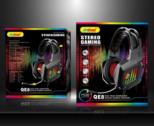 QE8 Gaming Headphone Surround Sound With 360 Arbitrary Twisting Mike And RGB light Panel Andowl